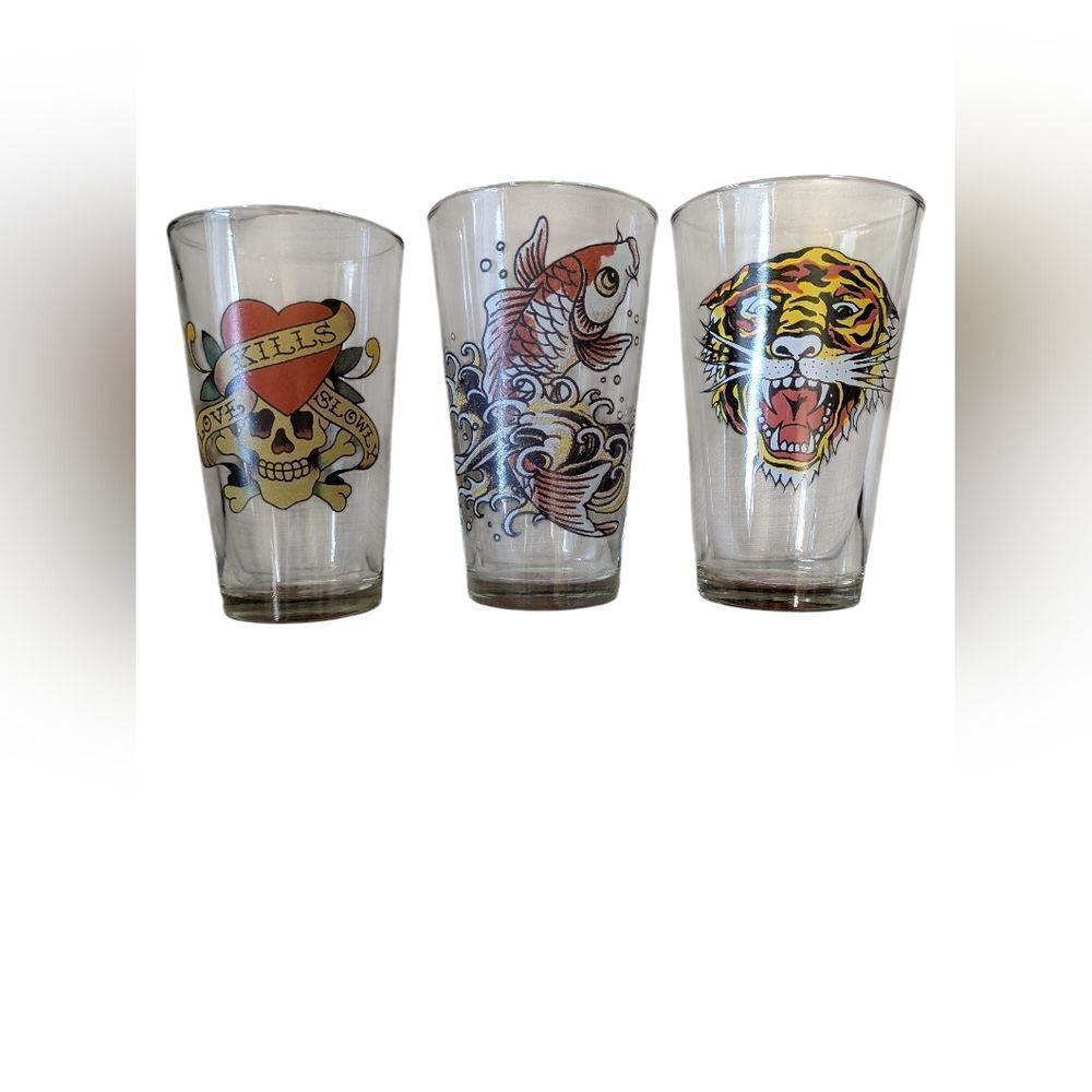 Ed Hardy Drinking Glasses Set Christian Audigier NYC Predators Skull Koi Tiger